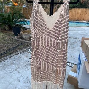 Sequin Fringe Dress in Gold and Cream